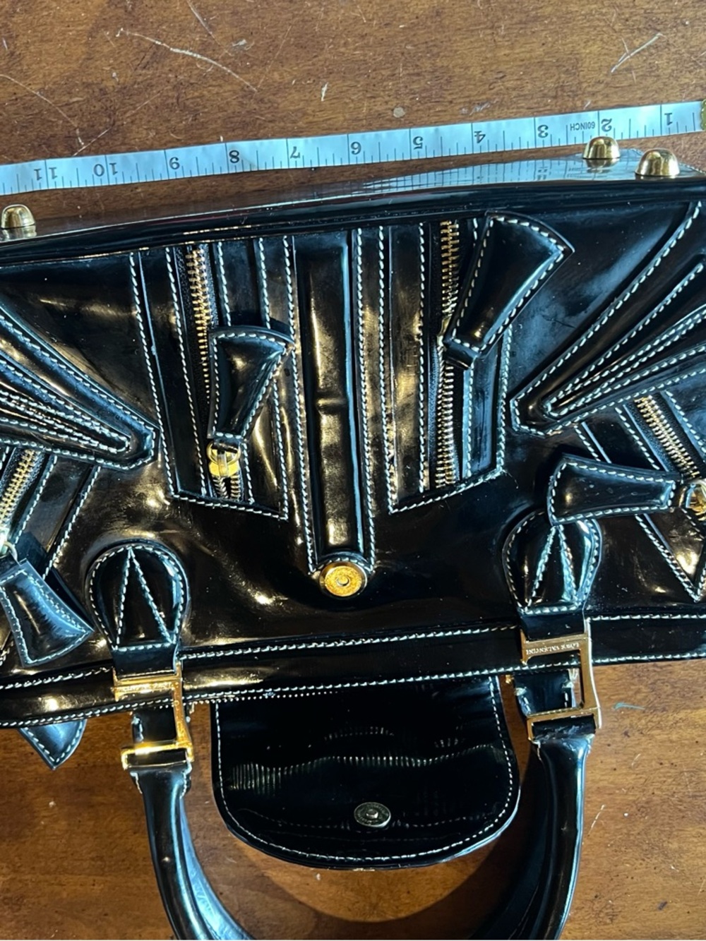 Black Patent Women's Satchel Bag with Gold Hardware - Picture 14 of 15